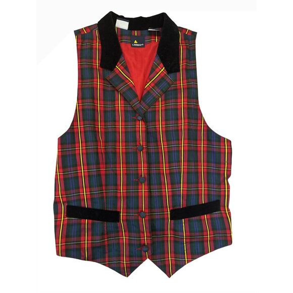 Lizsport Womens Large Silk Plaid Vest With Button Front & Pockets Red/Green VTG - Picture 1 of 5